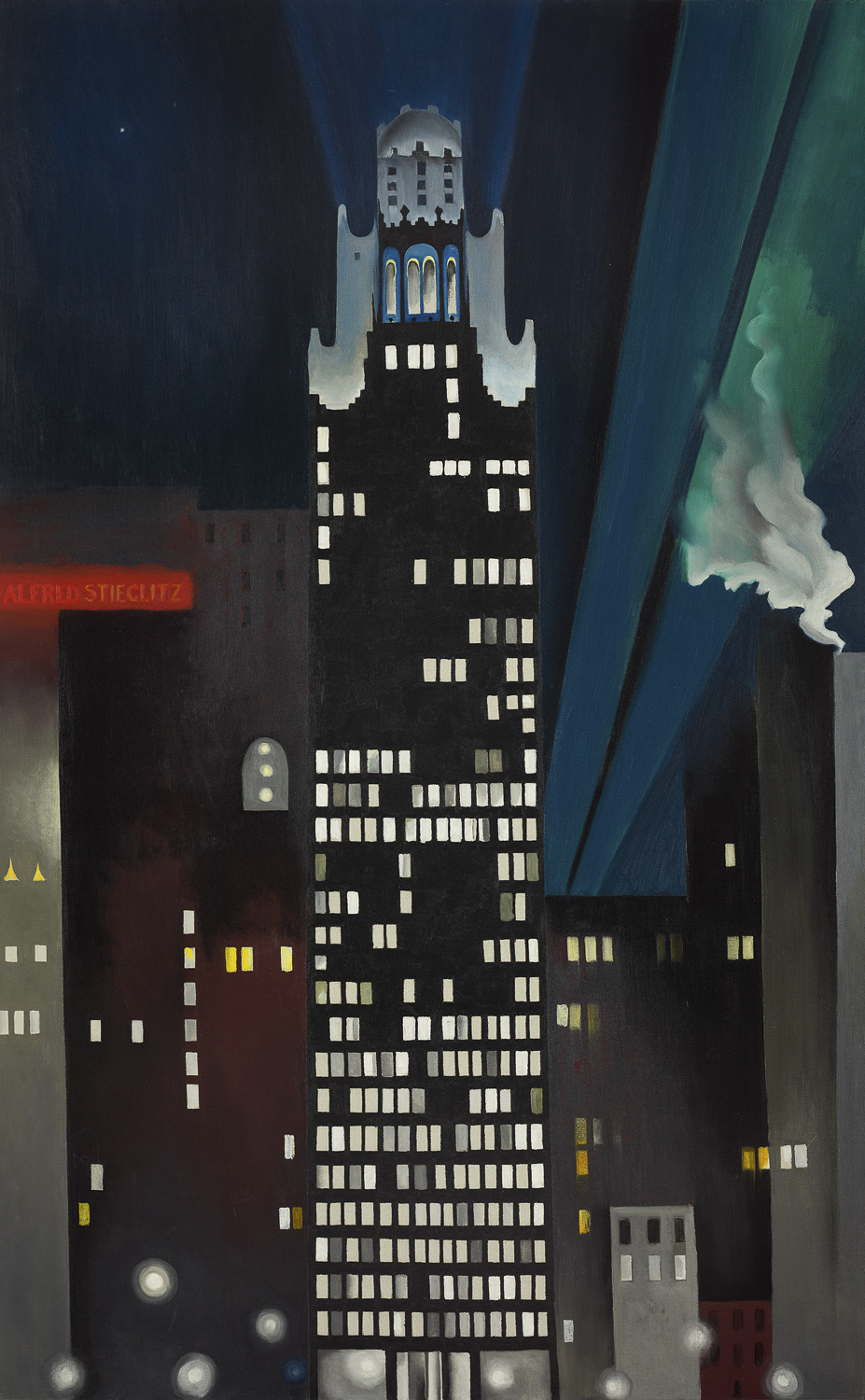 A painting of the American Radiator Building at night, in an abstract style that emphasizes geometric shapes and flat colors. The building is a tall black rectangle punctuated by lit windows. The top of the building is a stylized crown-like structure silhouetted against a larger white structure of similar shape illuminated by bright white lights. Beams of light break the dark blue sky. A plume of smoke rises from a rooftop on the right, turning green as it intersects a light beam. A red neon light advertisement on the left spells out the name Stieglitz.